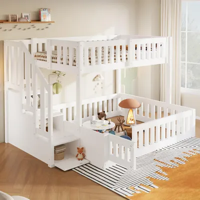 Produktbild von okwish Etagenbett 90/140×200 mit Stauraumtreppe und Sicherheitsgeländer,Kinderbett mit kleiner Tür,Doppelbett Weiß,ohne Matratze