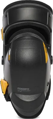 A close-up, front view of a pair of black and yellow knee pads.