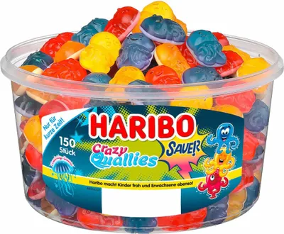 Produktbild von Haribo Crazy Quallies Sauer (150 Stück 1065g Runddose) + usy Block