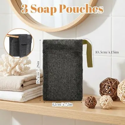 Produktbild von 3 Seifensäckchen aus Nylon für feste Seife, schnelltrocknend und wiederverwendbar, als Dusch- und Peelingbeutel für Körperpflege und Reisen