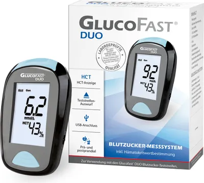 Zdjęcie produktu dla Glucofast DUO – glukometr, jednostka pomiaru w mmol/l, zestaw startowy zawierający 10 pasków testowych, 10 lancetów i 1 nakłuwacz