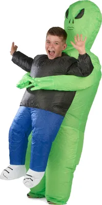 A child wearing an inflatable alien abduction costume.