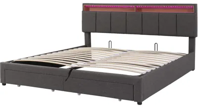 Image de Lit avec tête de lit capitonnée - 160 x 200 cm - 2 tiroirs - éclairage LED - tête de lit avec espace de rangement - gris foncé