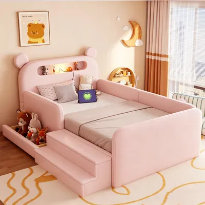 Produktbild von okwish Kinderbett 90×200 mit Nachtlicht und USB, Polsterbett mit Stauraum und Stufensitz, Einzelbett in Rosa,ohne Matratze