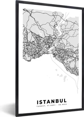 Produktbild von MuchoWow® Gerahmtes Poster Istanbul - Karte - Stadtplan - Schwarz-weiß - Karte 20x30 cm - Poster mit Schwarzem Bilderrahmen Wandposter Rahmen Foto Bilder - Drucken - Bilder Poster im Rahmen