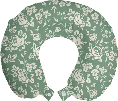 Produktbild von ABAKUHAUS Blumen Reisekissen Nackenstütze, Victorian Rose Bouquet, Schaumstoff Reiseartikel für Flugzeug und Auto, 30x30 cm, Resedagrün Creme