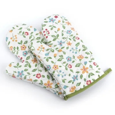 Produktbild von 1 Paar Rutschfeste Ofenhandschuhe mit Blumen- und Pflanzenmotiv, elastische Grillhandschuhe aus Baumwolle, Kochhandschuhe für Backen, Kochen und BBQ