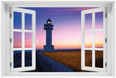 Produktbild von Wallario Premium Glasbild mit Fensterrahmen, freischwebende Optik, kräftige Farben, Größe 60 x 90 cm Motiv Leuchtturm am Abend auf den Balearen Malerischer Himmel