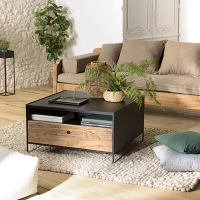 Produktbild von DANDY – Schwarzer Couchtisch, 80 x 80 cm, 1 Schublade, aus recyceltem Kiefernholz und Metall