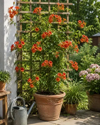 Produktbild von Campsis 'Indian Summer' 50–70 cm – Trompetenblume – Winterharte Kletterpflanze – Orange Blüten – für Garten, Terrasse & Rankhilfe, KI-generiertes Bild