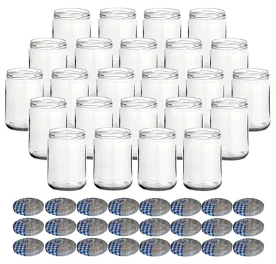 Produktbild von gouveo 24er Set Einmachgläser 580 ml Klassik mit Schraubdeckel Herz-blau - Große Vorratsgläser mit Drehverschluss TO82 für Selbstgemachtes