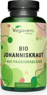 Produktbild von Vegavero Johanniskraut + Passionsblume  | 90 Kapseln | 500 mg Johanniskraut | 200 mg Passionsblumenextrakt | vegan