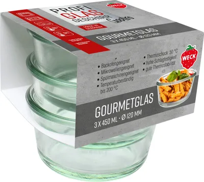 Produktbild von 3er Set Gastropack 450 ml Gourmetgläser Weck , ohne Deckel 76125