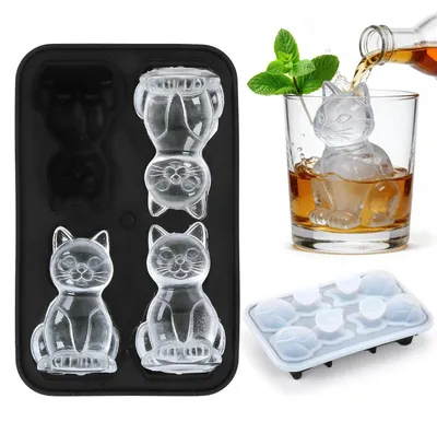 Produktbild von Eiswürfelform Silikon 3D Katze mit Deckel, 4-Fach, Groß, für Cocktails