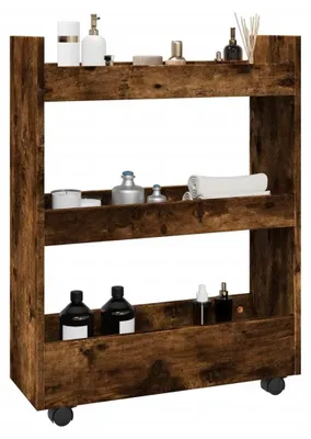 A three-tiered storage cart with various toiletries and towels on its shelves, set against a white background.