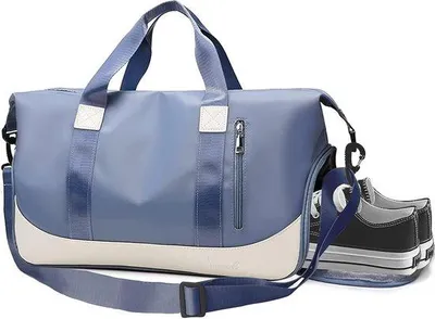 Immagine prodotto di Borsa da viaggio Unyqoos® da donna e da uomo – borsa sportiva e da weekend leggera, in nylon idrorepellente, dimensioni adatte al bagaglio a mano (47x22x25 cm), con scomparto per le scarpe e sacca impermeabile. Colore: blu