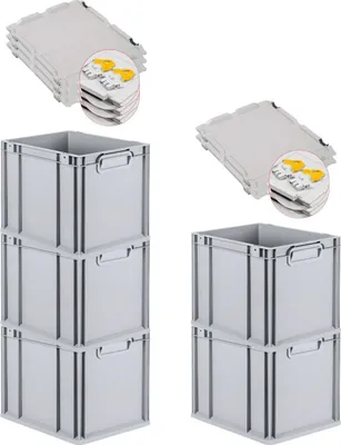 Produktbild von SuperSparSet 5x Eurobox NextGen Grip mit Scharnierdeckel und gelben Schiebeschnappverschlüssen | HxBxT 32x30x40cm | 30 Liter | Grau | Griffe geschlossen | Glatter Boden | Eurobehälter, Transportbox, Transportbehälter, Stapelbehälter