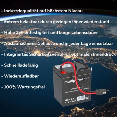 Produktbild von Multipower Blei Akku Gel AGM Technik 12V 5,4Ah mit Stecker für Rasenmäher z.B. Sabo 43-Vario E Toro Briggs Stratton