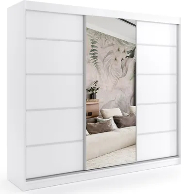 Produktbild von ALTDECOR Kleiderschrank mit Spiegel und Schiebetüren, kugelgelagerte Führungsschienen und Aluminium-Leisten - MAKI - 240 cm - Weiß