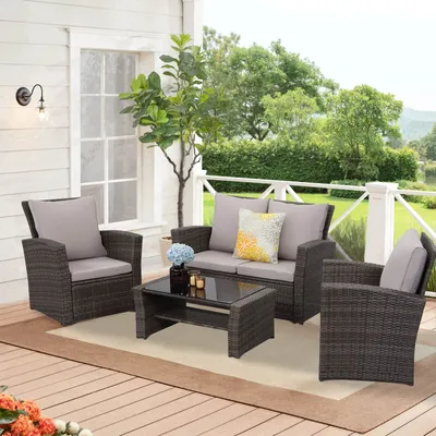 Produktbild von MeXo von GLP HOME Balkonset Balkongarnitur Gartenmöbel Set Polyrattan Wetterfest für 3-4 Personen, (Balkongarnitur Kleiner Balkon Sitzgruppe, 4-tlg., Balkonset, Sitzgarnitur mit Kissen), Gartengarnitur für Lounge Klein Terrasse Garten Indoor Outdoor
