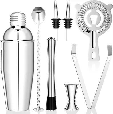 Produktbild von 750 ML Cocktail Set, 8 stück Edelstahl Shaker Mixer, professionelle Barkeeper zubehör, mit Shaker, doppel messbecher, löffel, Pourer, zum mischen von getränken, zuhause, bar, Party (Silber)