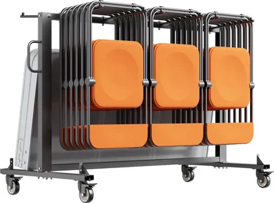 A rack of folded orange chairs on a metal frame with wheels.