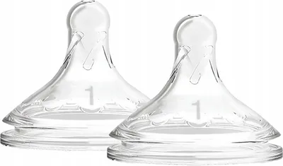 Two clear baby bottle nipples are shown against a white background.