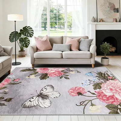 Productafbeelding van Wasbaar tapijt met korte pool, 160x230 cm, oosters design, motieven van bloemen, grijs, antislip, landelijke stijl