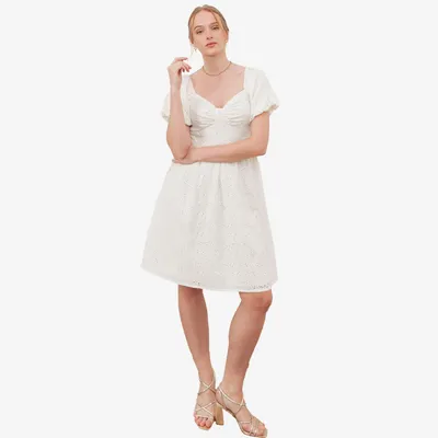 Produktbild von Lovedrobe Womens Cream Broderie Mini Dress, Short Puff Sleeve Sweetheart Neck Ti