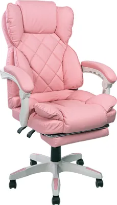 A pink office chair with a footrest is shown against a white background.