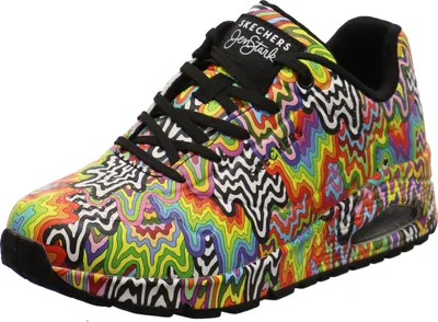 A single shoe with a colorful, psychedelic pattern.