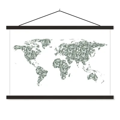 Produktbild von MuchoWow® Textilposter Weltkarte - Tropische Pflanzen - Weiß 90x60 cm mit schwarzem Rahmen - Aufhängungssatz