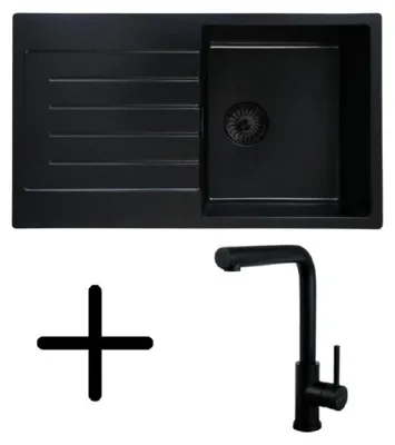 Caressi CAQPP770R10BK-EB Spüle, Einbau mit Küchenarmatur CABL003BKU. Schwarz. Gesamtansicht