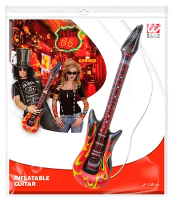 Image de Guitare rock gonflable avec flammes noir-rouge-jaune 105cm - taille unique