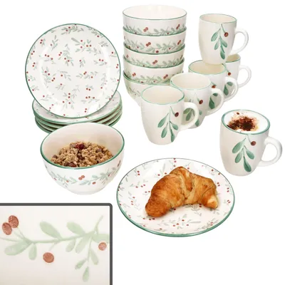 Produktbild von 18tlg Frühstücksset Holly Steingut 6 Personen Teller Schale Becher Weihnachten