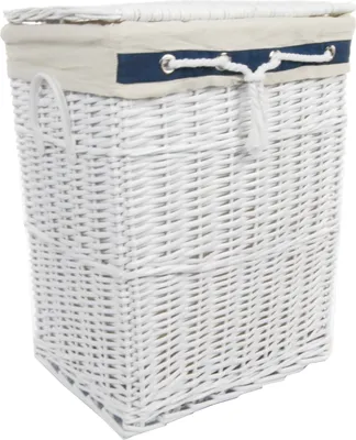 A white wicker laundry basket with a beige and navy fabric liner and lid.