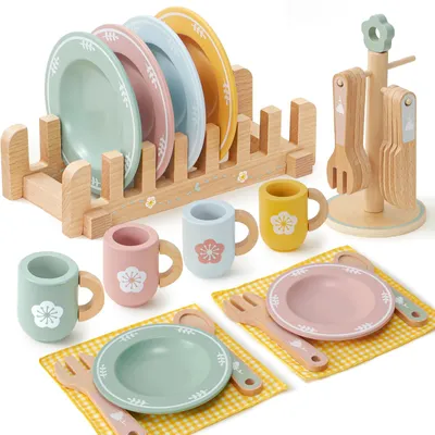 Produktbild von Kinderküche Zubehör Holz Geschirr Teeservice Kinder, Geschirrset mit Tassen Teller, Spielküche Zubehör Holz Küchenzubehör Spielzeug Rollenspiel