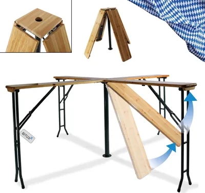 A foldable beer garden table set in a cross shape, with a blue and white checkered fabric in the background.