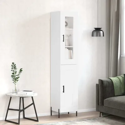 A white highboard cabinet is shown in a room with a sofa and a small side table.