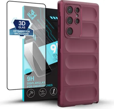 Produktbild von Handy Hülle für Samsung Galaxy S22 Ultra mit 9H Displayglas Displayschutz Plus Grip Case Cover Schutzhülle Softgrip Farbe: Burgunder Rot