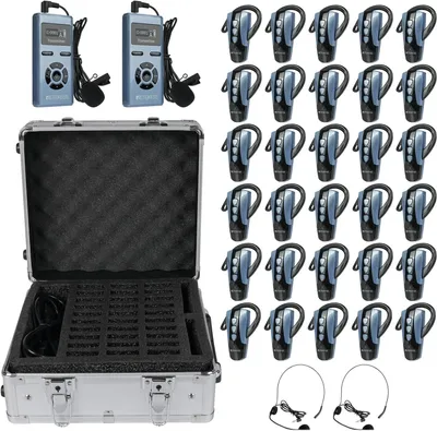 A collection of Retekess TT106S tour guide system components, including transmitters, receivers, and a carrying case, arranged on a white background.