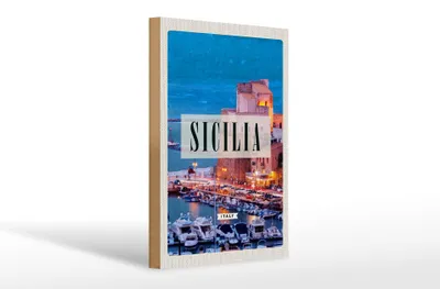 Produktbild von Holzschild Reise 20x30cm Sizilien Nacht Ausblick Ufer Boot