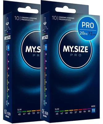 Zdjęcie produktu dla 20 sztuk prezerwatyw MY.SIZE PRO 72 mm ELITE, rozmiar MEGA XL, wykonane z lateksu Vytex o wysokim stopniu czystości, dzięki czemu są praktycznie bezwonne, bardzo łatwe do otwarcia i rozwinięcia