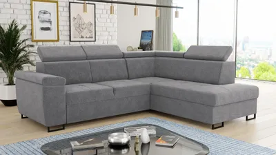 Produktbild von Ecksofa Natan mit Schlaffunktion und einstellbare Kopfstützen - Wohnlandschaft mit Metallfüßen, Couchgarnitur, Bettkasten, Sofa (Ecksofa Rechts, Grau (Paros 05))