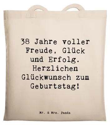 Produktbild von Mr. & Mrs. Panda Einkaufstasche Spruch 38. Geburtstag Freude - Transparent - Geschenk, Geburtstagsgeschenk, Tote Bag, Tasche, Laptoptasche, Stoffbeutel, Meilenstein