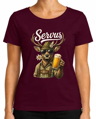 Imagen del producto de Camiseta de "Servus Hirsch Bayern", estilo tradicional alemán, para hombre o mujer, ideal para eventos como el . Incluye detalles como motivos de caza y se puede combinar con pantalones de cuero ("lederhosen"). Color: burdeos. Talla: XXL