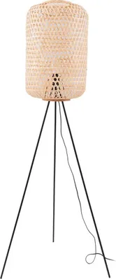 A floor lamp with a woven bamboo shade and a black tripod base, shown against a white background.