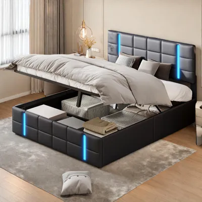 Immagine prodotto di Letto matrimoniale in Pelle finta nera 160x200 cm con testata a LED in acrilico satinato e 2 porte USB integrate