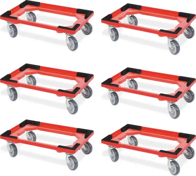 Produktbild von 6 Transportroller für 600x400 mm Drehstapelbehälter, offen, gr. Gummiräder, rot