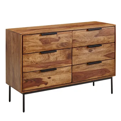 A wooden dresser with black metal legs against a white background.